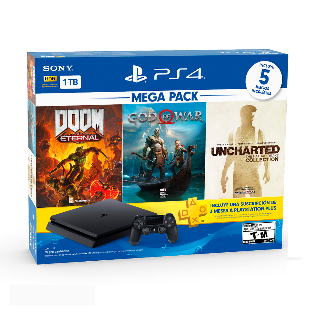 PlayStation 4 1TB (Doom Eternal, God of War y Uncharted) Pack